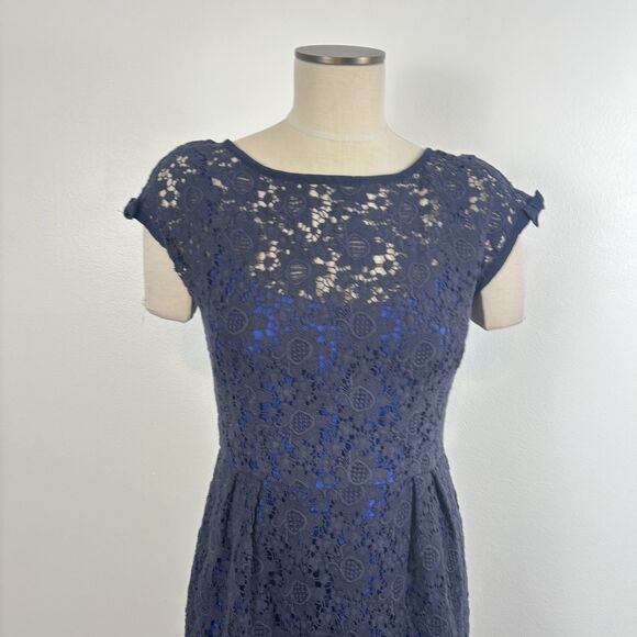 Nanette Lepore Womens 10 Around the World Sheath Dress Navy Blue Lace Bow Detail - Picture 2 of 10